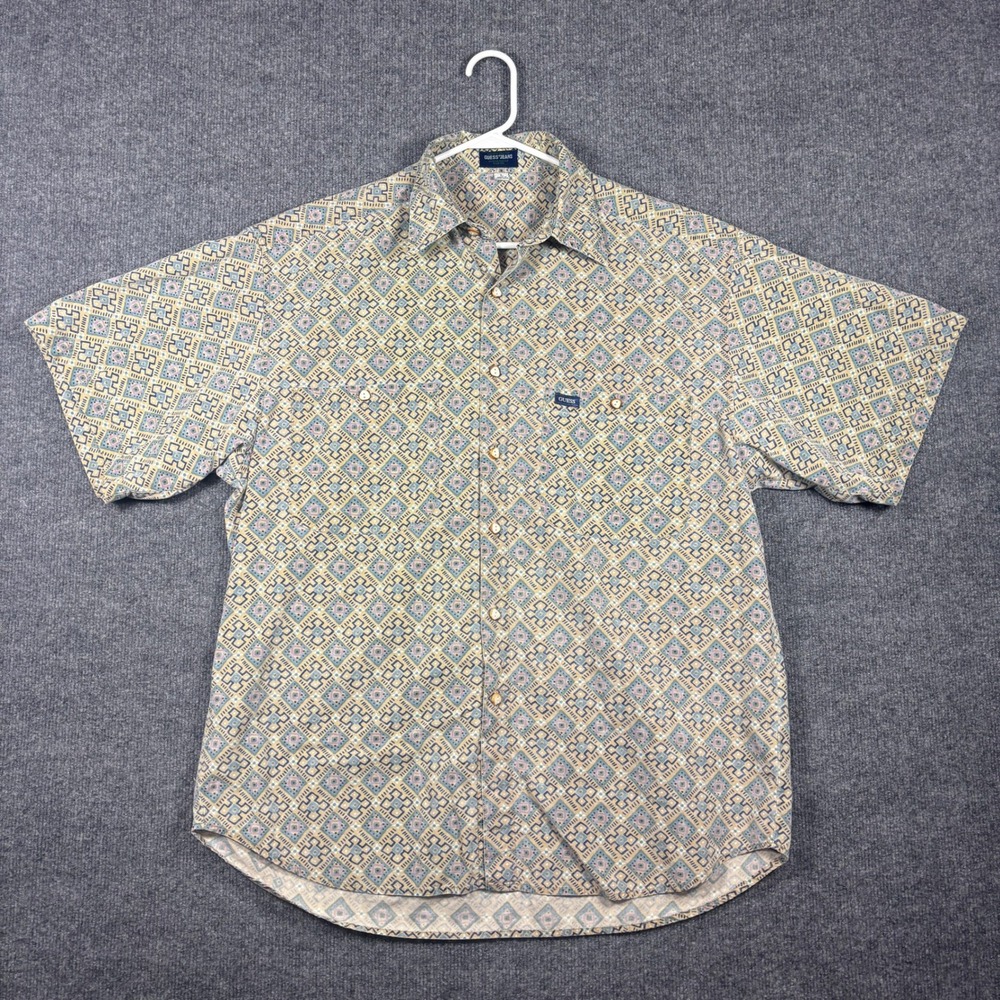 Vintage Guess Jeans Mens L Tan Blue Geometric Print Short Sleeve Button Down